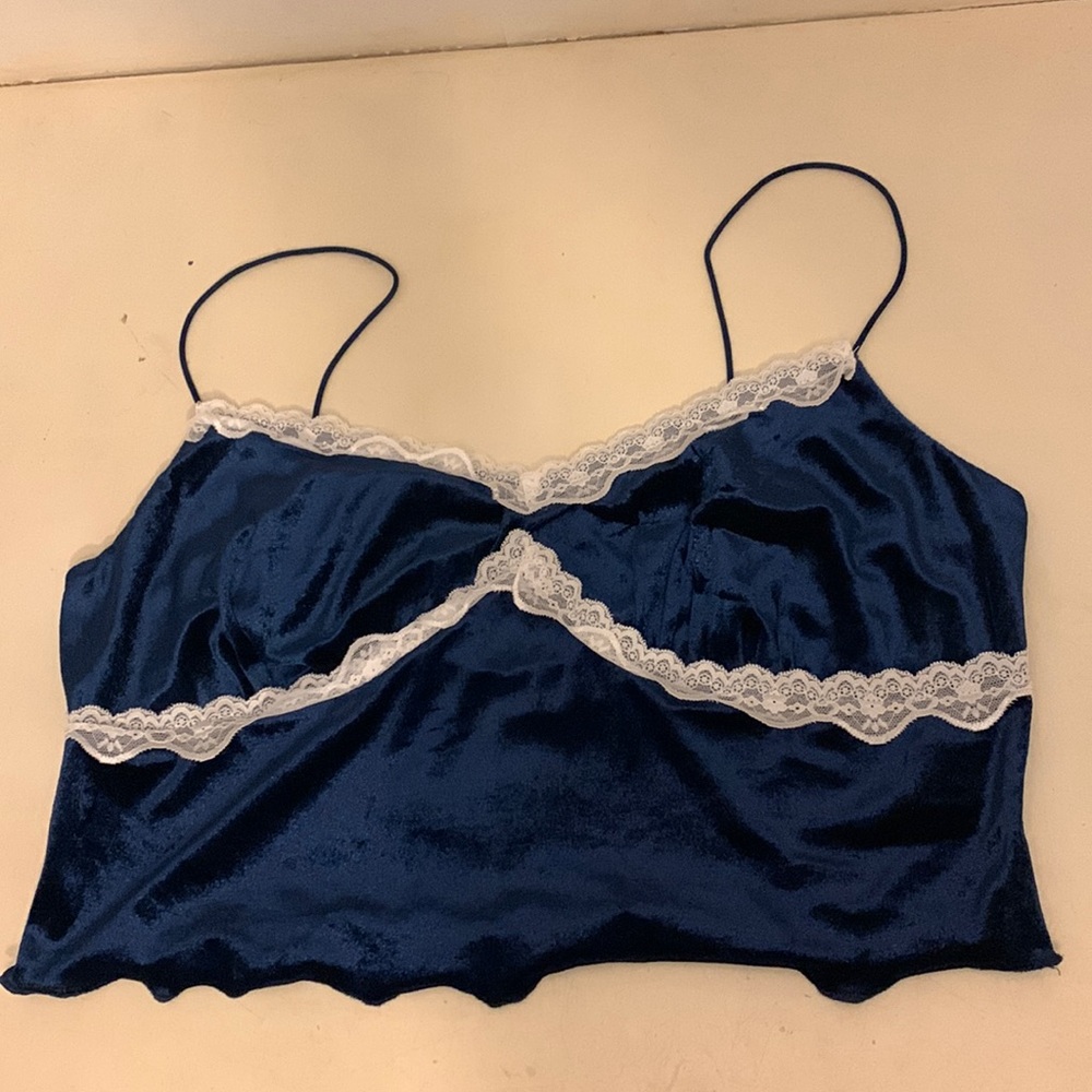Shein Curve Blue Velvet with White Lace Trim Crop Top